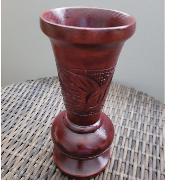 Vintage Hand Carved Wood Vase 9.5" Tall Red Brown Urn Rustic Folk Art Decor - Picture 6 of 6